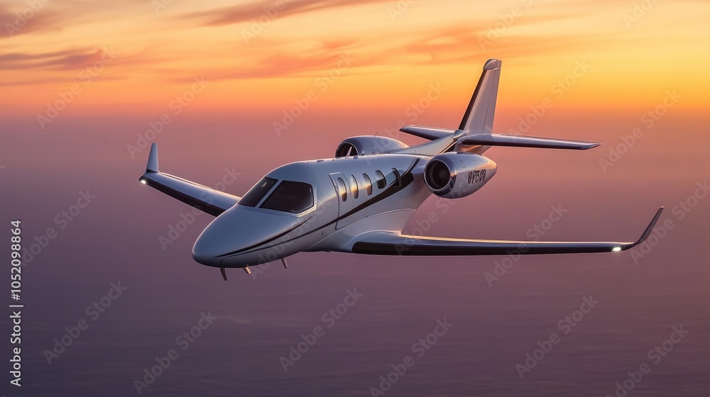 Fototapeta premium Sleek Private Jet Flying at Sunset Over the Ocean