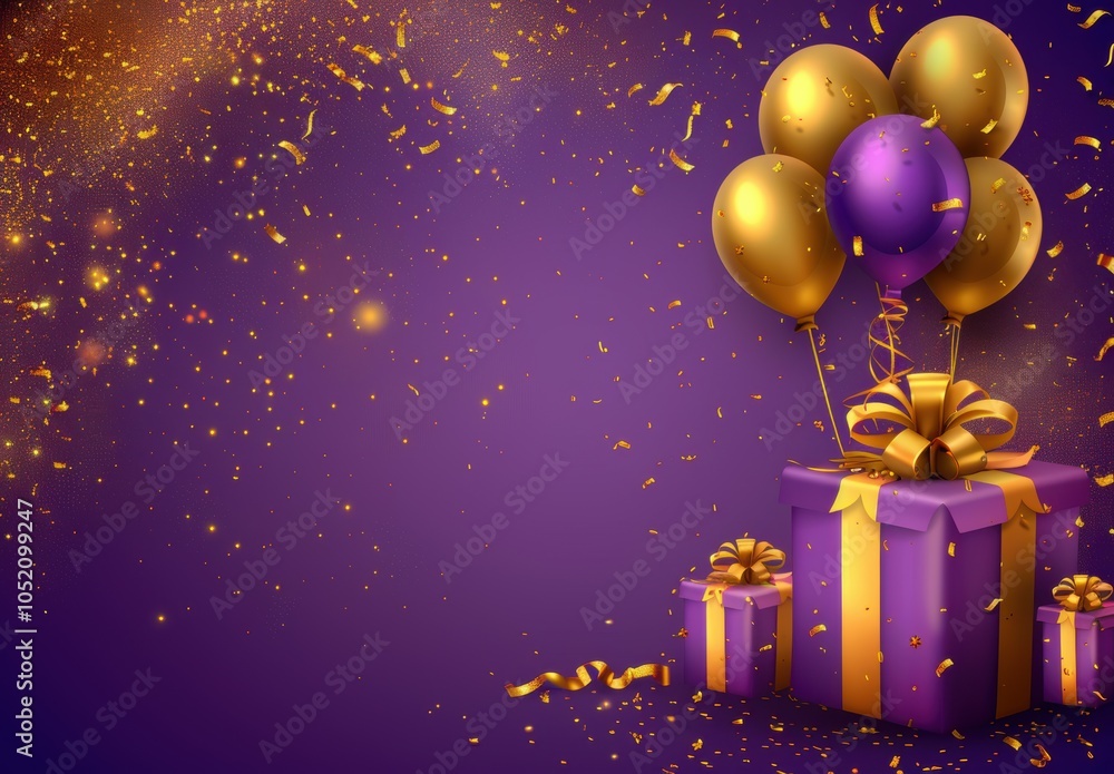 Purple Background Featuring Gold Balloons and Gifts for Celebrations Purple Background Featuring Gold Balloons and Gifts for Celebrations