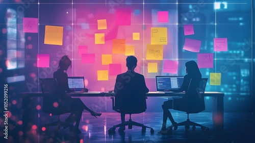 Futuristic Virtual Brainstorming Session with Floating Sticky Notes and Dynamic Team Avatars in a Collaborative Digital Workspace