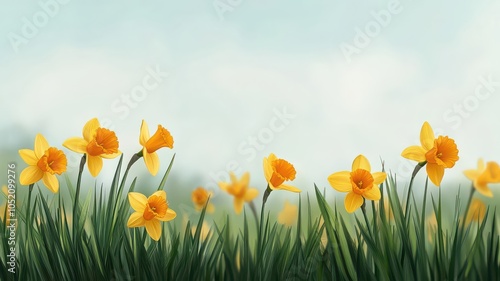 Artistic view of a vibrant field of yellow daffodils on a breezy spring day, soft glowing light, Daffodil field, Fresh and joyful springtime