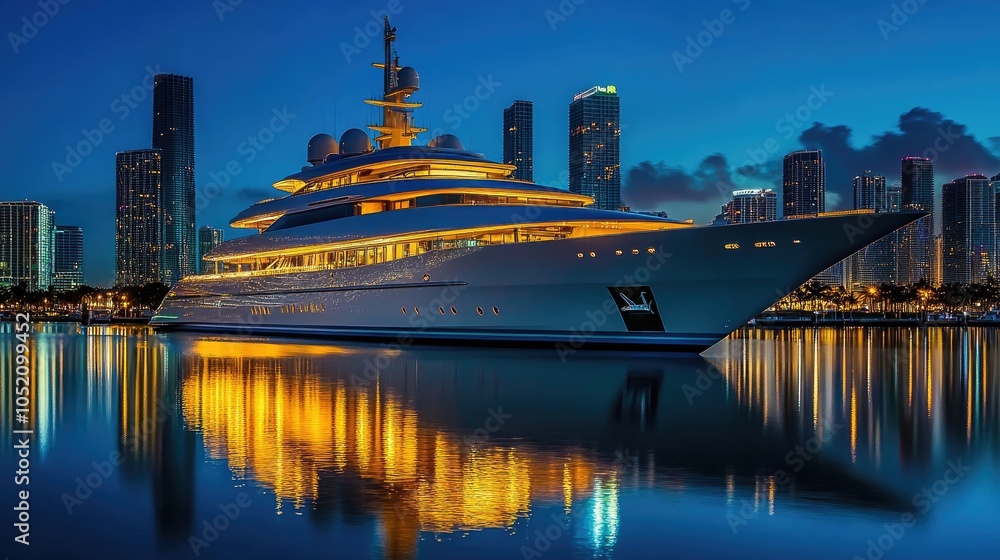 Fototapeta premium Luxury Yacht Docked at Sunset in Urban Harbor