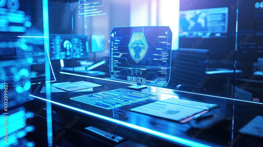 Fototapeta premium Office desk with digital documents and a holographic shield neon blue and white