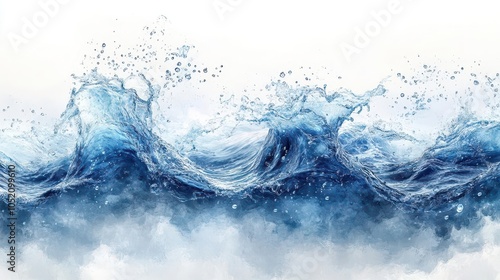 dynamic splash of blue water frozen in time, radiating energy and freshness, with droplets catching the light, showcasing movement and vitality