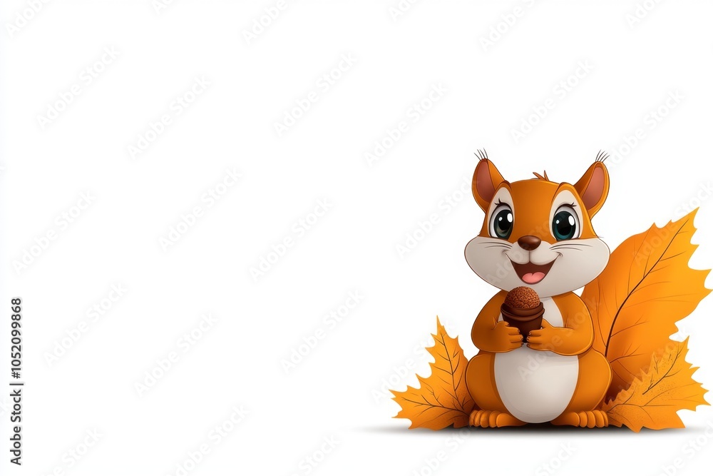 Obraz premium a 2D cartoon illustration of a joyful squirrel holding an acorn autumn vibes white background