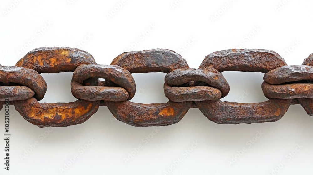 Fototapeta premium Close-up of aged rusty chain links on a bright white background, capturing the intricate details and textures that tell a story of time.