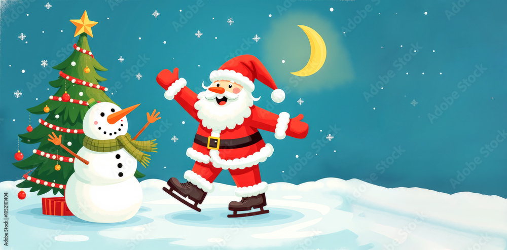 Naklejka premium cartoon postcard Santa Claus skating with a snowman near the Christmas tree