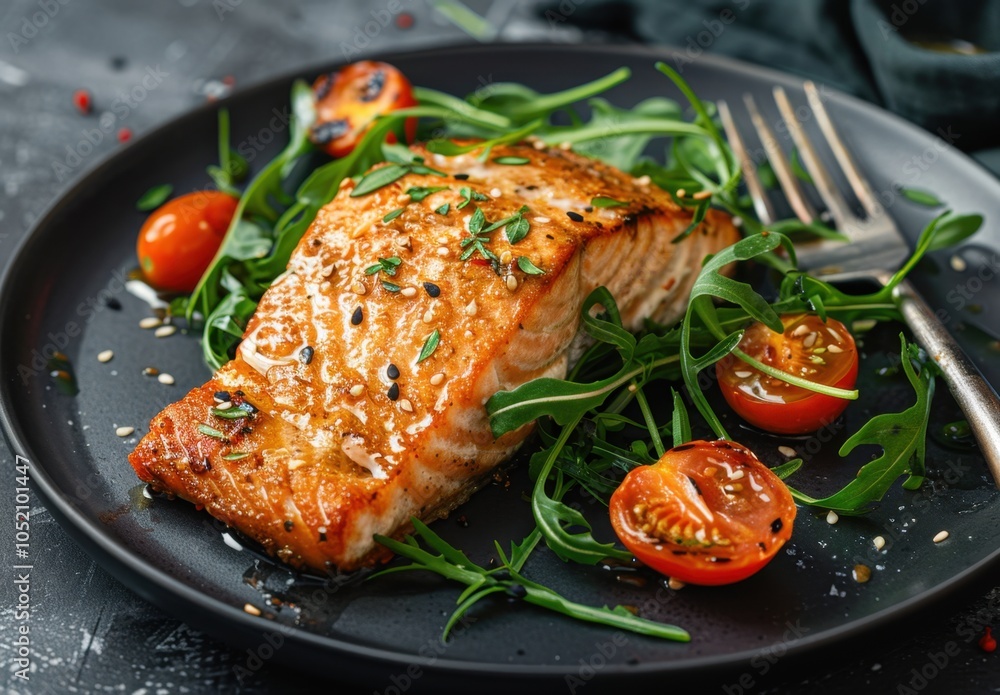 Sesame Seared Salmon with Arugula and Roasted Tomatoes on Black Plate Sesame Seared Salmon with Arugula and Roasted Tomatoes on Black Plate
