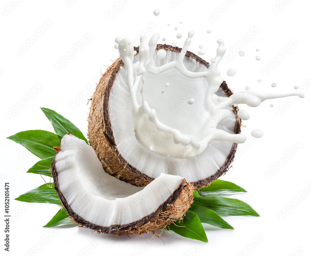 Φωτογραφία Coconut milk splashing out from split coconut fruit and piece of coconut and leaves near it