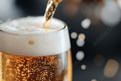 A close-up image showcasing beer being poured into a glass, highlighting the golden color, effervescent bubbles, and thick white foam capturing indulgent refreshment. photo