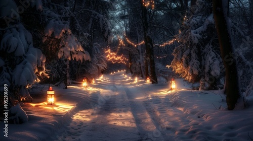 Enchanting Winter Path, a serene snowy lane meanders through a dark forest, softly lit by glowing lanterns that create a magical atmosphere amidst the trees photo