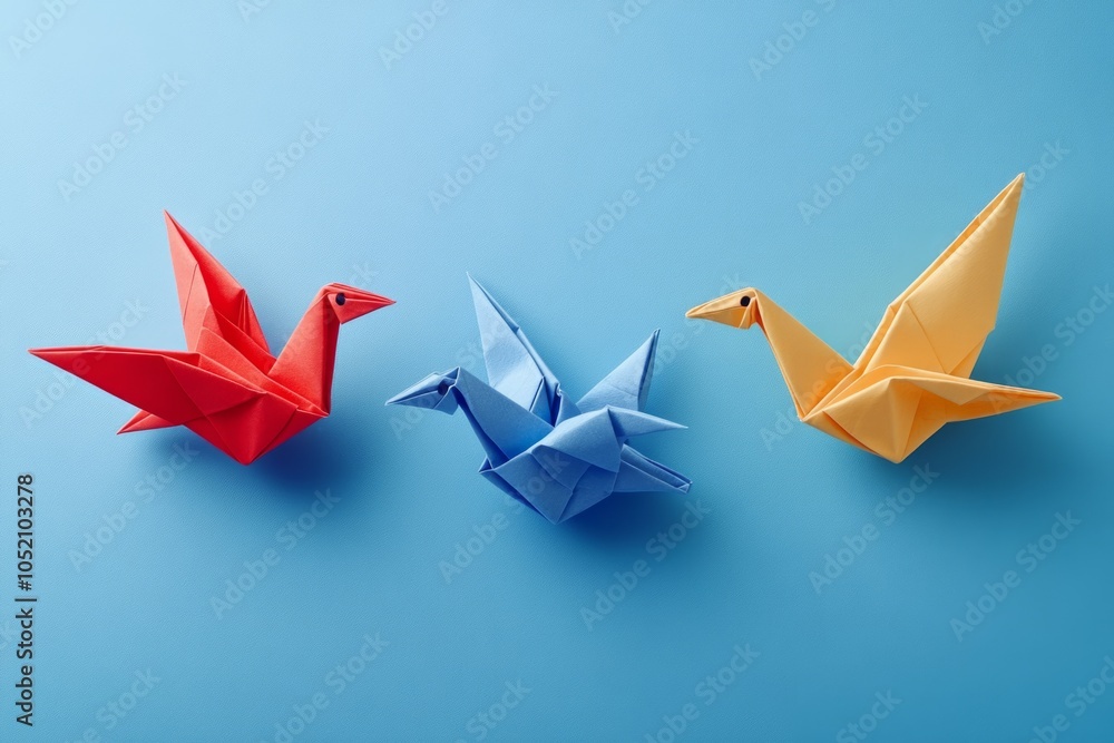 Origami birds flying in formation on blue background Origami birds flying in formation on blue background