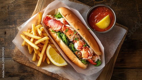 a delicious gourmet lobster roll with a side of crispy fries 
