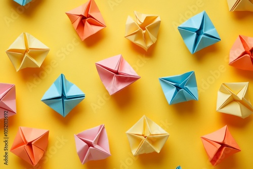 Colorful origami fortune tellers on yellow background photo