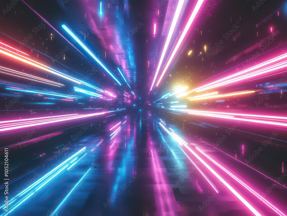 Naklejka premium Vibrant neon light trails in a futuristic, digital landscape, creating a mesmerizing, sci-fi tunnel effect.