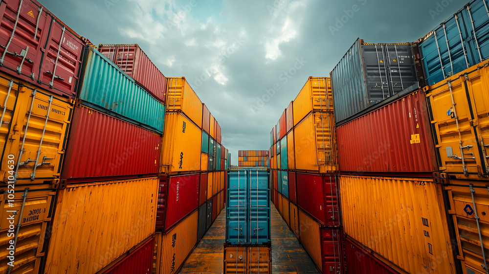 Fototapeta premium Stacked Cargo Containers at Freight Sea Port Terminal with Space for Text