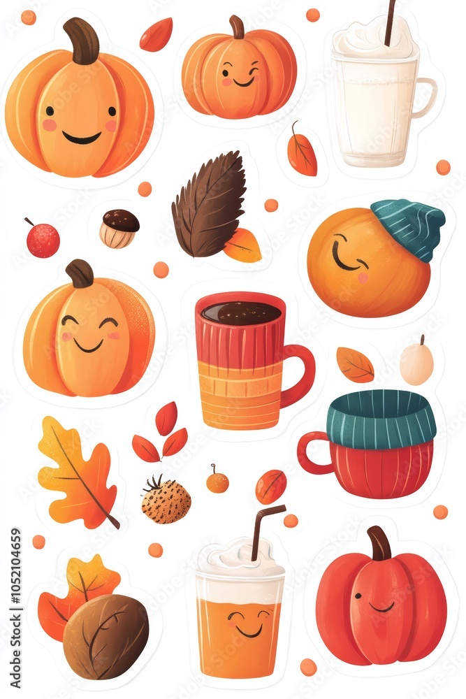 Cute Autumn Stickers with Pumpkins, Leaves, and Fall Elements Cute Autumn Stickers with Pumpkins, Leaves, and Fall Elements