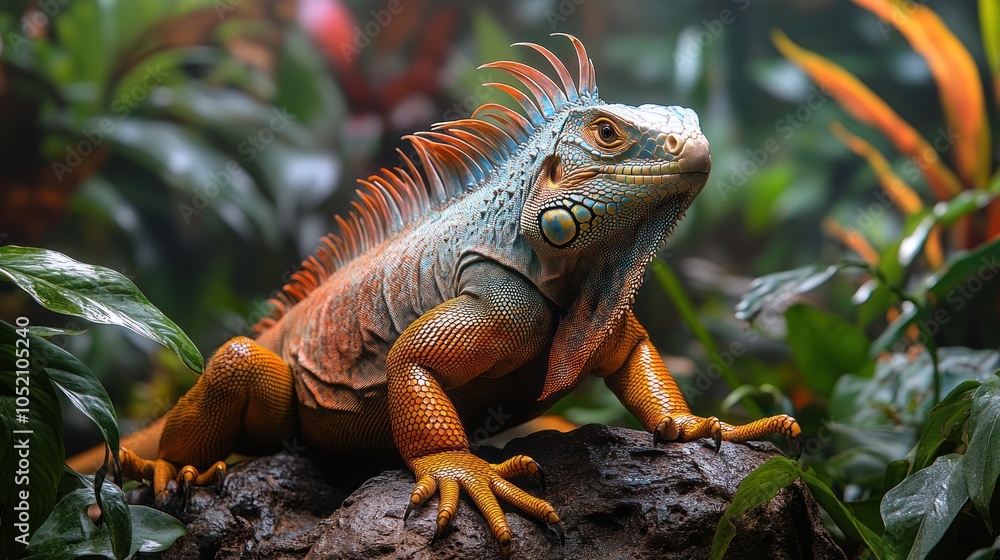 Fototapeta premium Close-up of a Vibrant Green and Orange Iguana with a Spiky Crest on a Rock