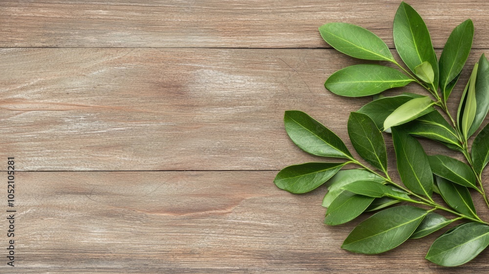 A close-up of green leaves arranged artfully on a rustic wooden surface, creating a natural and calming atmosphere. A close-up of green leaves arranged artfully on a rustic wooden surface, creating a natural and calming atmosphere.