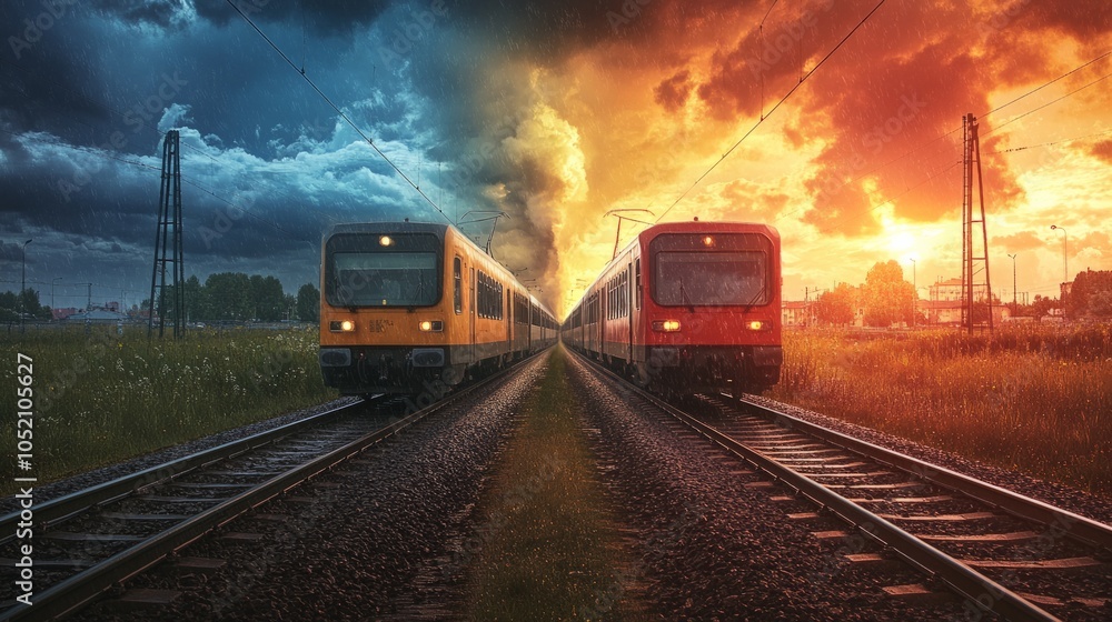Two trains on different tracks, one heading towards a storm and the other towards a bright sky, generative ai Two trains on different tracks, one heading towards a storm and the other towards a bright sky, generative ai
