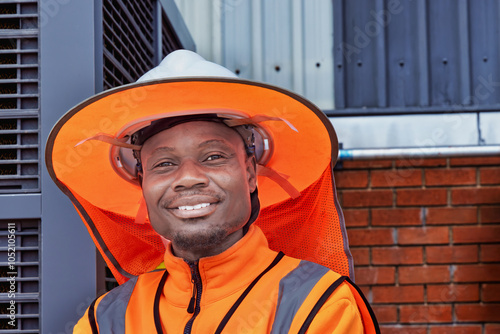 african american worker with orange protective equipment, Safety Hard Hat , Sunshield Hat for Sun with Neck Flap photo