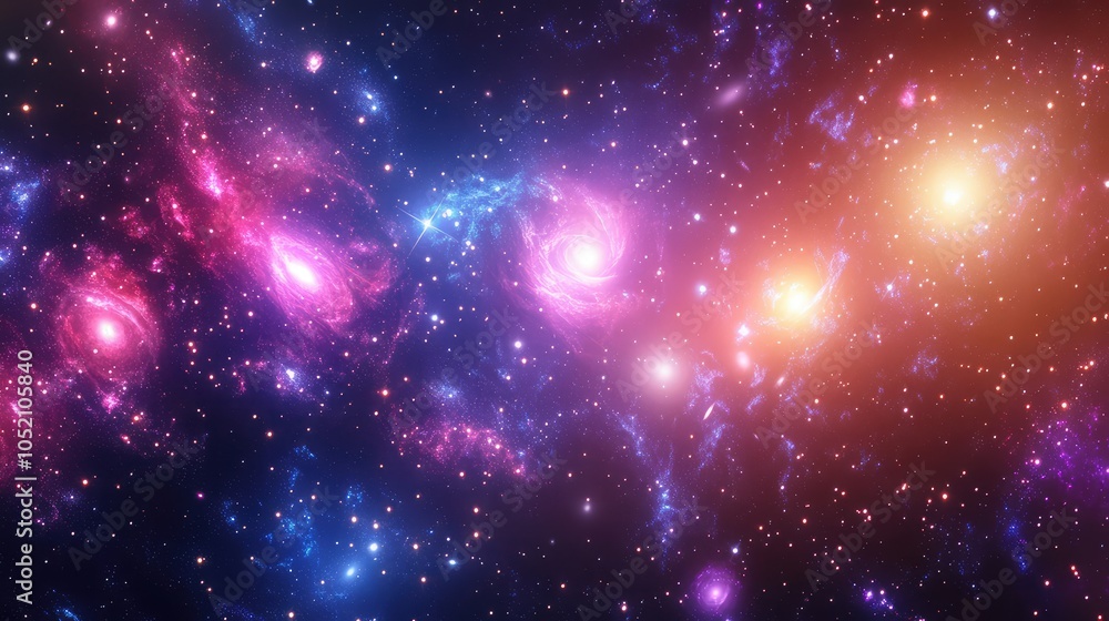 Obraz premium A massive galaxy cluster glowing in the depths of space, with multiple galaxies swirling together, surrounded by cosmic dust and faint stars