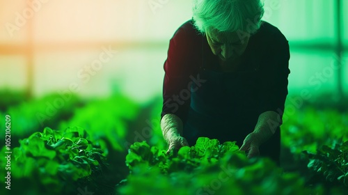 An older woman tending to a vegetable garden close up, focus on, copy space, vibrant greens and reds, Double exposure silhouette with plants photo