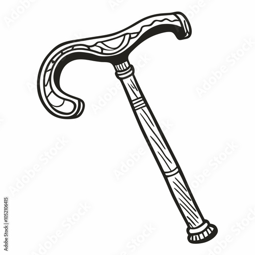 Elegant Vintage Wooden Walking Cane Illustration with Detailed Design