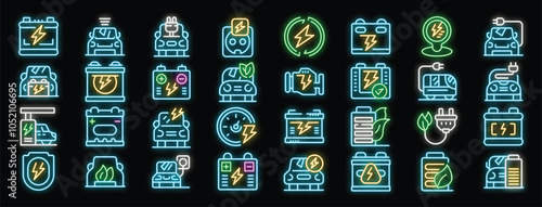Electric vehicle charging station and battery life neon icon set featuring eco friendly transportation