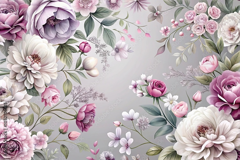 A delicate floral pattern featuring intricate details and realistic illustrations of flowers in shades of pink, white, and purple on a soft gray background, elegant decor, subtle patterns A delicate floral pattern featuring intricate details and realistic illustrations of flowers in shades of pink, white, and purple on a soft gray background, elegant decor, subtle patterns