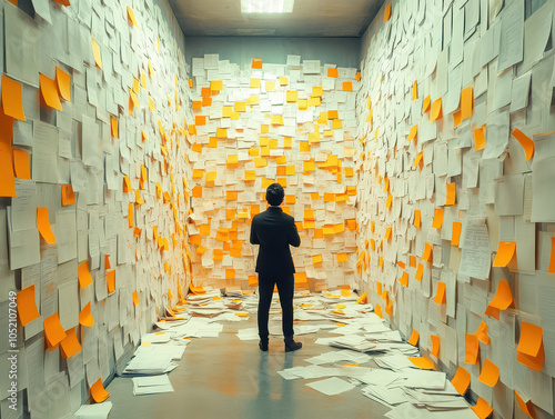 Man overwhelmed by countless notes and documents in a narrow, cluttered room. photo