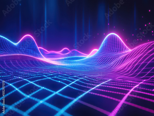 Futuristic neon landscape with vibrant pink and blue waves and grid patterns.