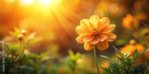 A delicate flower blooming in the garden with vibrant golden light, elegant, sunlight