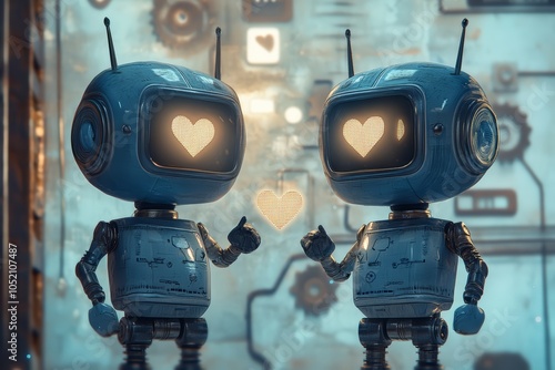 Cute Robot Couple with Heart Displays Sharing Love Gesture in Futuristic Setting photo