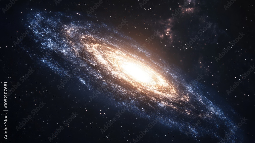 A single galaxy drifting alone in the cosmic void, its bright core and dimly lit arms the only source of light in the vast emptiness A single galaxy drifting alone in the cosmic void, its bright core and dimly lit arms the only source of light in the vast emptiness