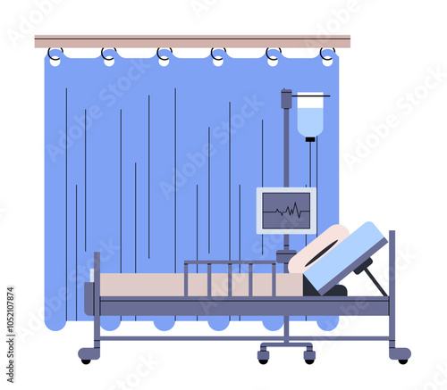 Simple hospital bed with curtain partition. Empty medical place for the patient