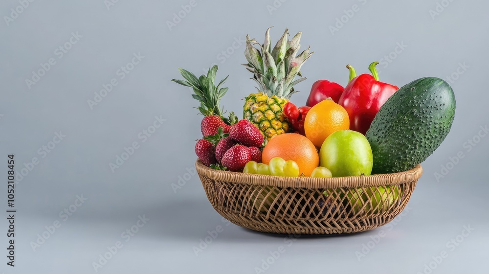 Fresh fruits and vegetables in a basket on clean surface, healthy and vibrant with copy area Fresh fruits and vegetables in a basket on clean surface, healthy and vibrant with copy area