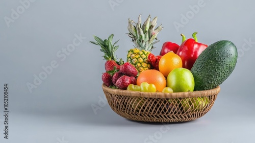 Fresh fruits and vegetables in a basket on clean surface, healthy and vibrant with copy area