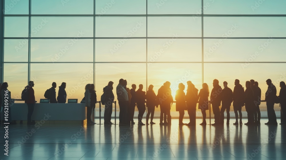 Travelers silhouetted against a stunning sunset at the airport check in, eagerly anticipating their journey amidst the busy terminal Travelers silhouetted against a stunning sunset at the airport check in, eagerly anticipating their journey amidst the busy terminal