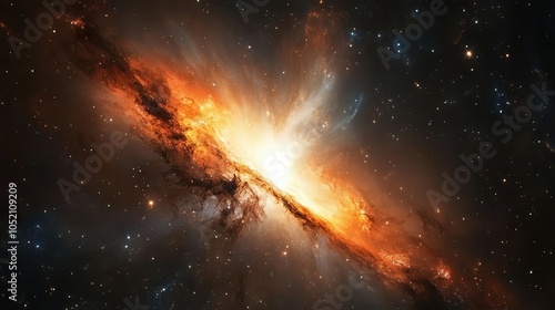 A galaxy in its formative stages, with bright stars igniting within swirling clouds of dust and gas, slowly forming a distinct galactic structure photo