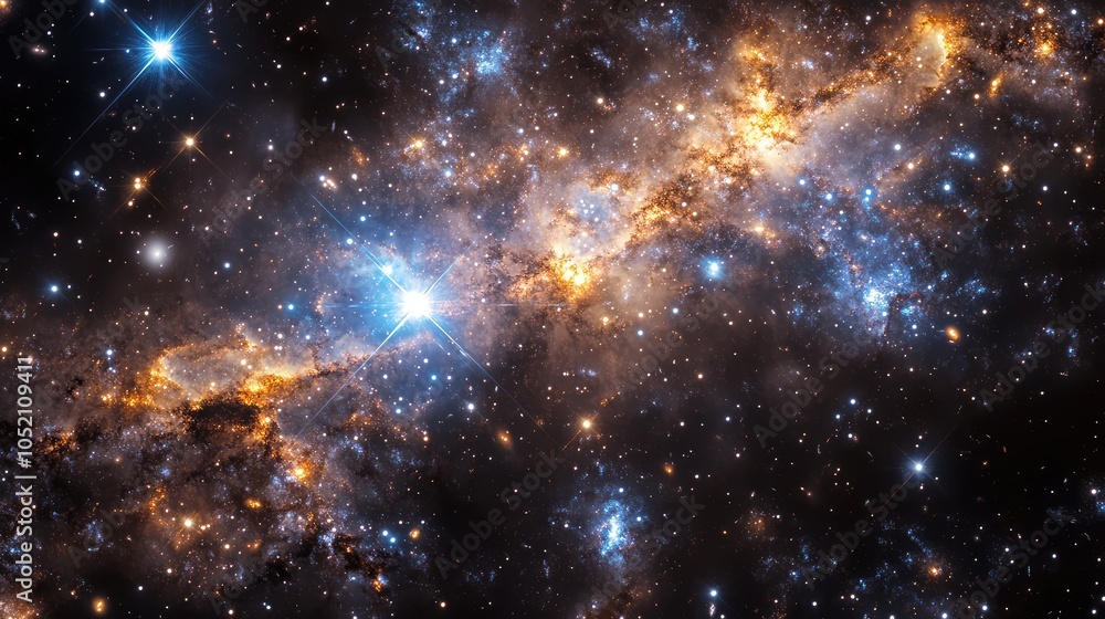 Obraz premium A newly forming galaxy, with streams of stars and cosmic dust swirling into shape, illuminated by the bright glow of young stars
