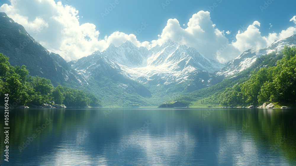 Majestic mountain reflections a stunning landscape of snow-capped peaks and serene waters under a blue sky