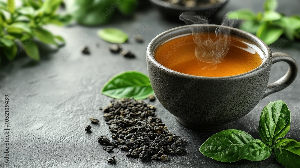 A steaming cup of tea surrounded by loose tea leaves and fresh green herbs. A steaming cup of tea surrounded by loose tea leaves and fresh green herbs.