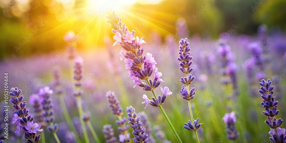 Obraz premium A delicate lavender flower blooms in a field on a warm summer day surrounded by greenery and sunlight, landscape, summer, petals, field, lavender