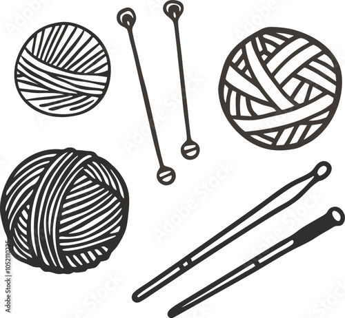 Vintage Hand Drawn Yarn Balls and Knitting Needles Illustration