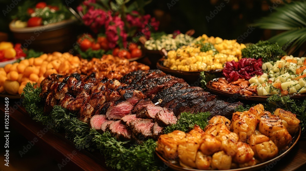 elegant indoor setting of a buffet table laden with grilled meats and colorful dishes, filled with happy guests savoring the delicious spread, creating an inviting atmosphere elegant indoor setting of a buffet table laden with grilled meats and colorful dishes, filled with happy guests savoring the delicious spread, creating an inviting atmosphere