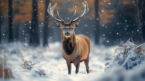 Red Deer in Snowy Forest - ...