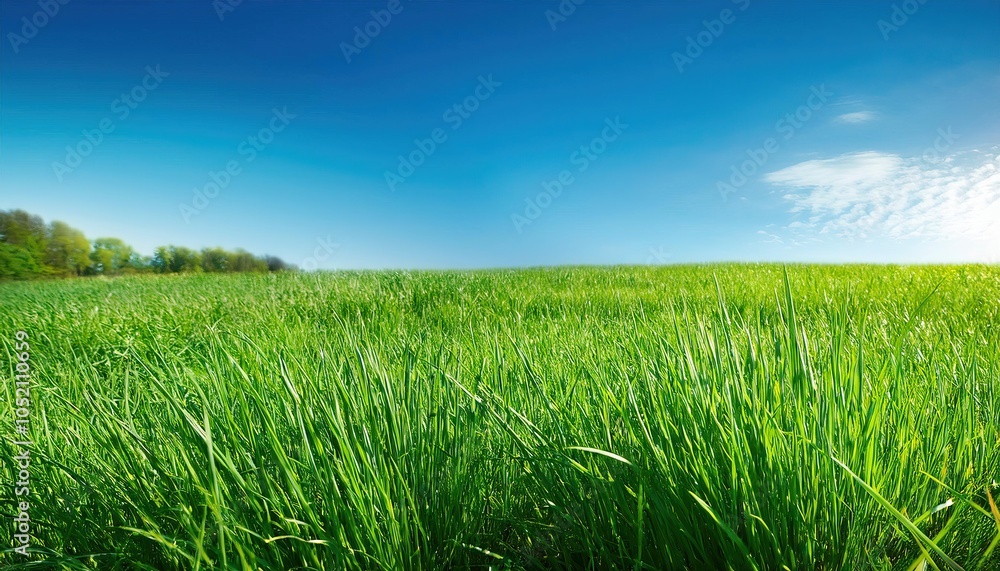 Field of lush green grass with a clear blue sky in the background Field of lush green grass with a clear blue sky in the background