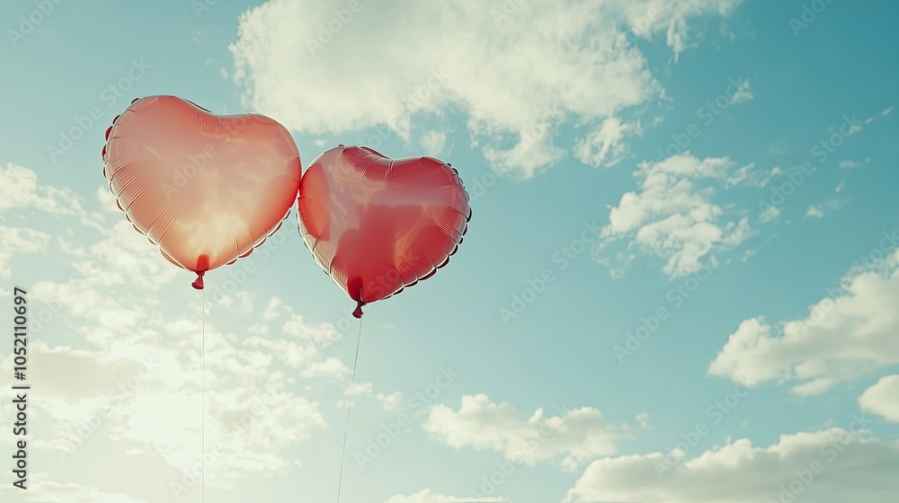 Fototapeta premium Giant heart-shaped balloons floating freely, symbolizing love and joy with clear space for text