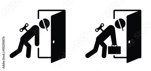 Burnout, work door icon. Life energy. Man with low battery. Brain with fire. Having problems on work, emotional stress, unhappy, psychology pressure, difficult life or in job. Stressed concept