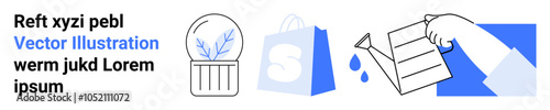 Three main objects including a potted plant, a shopping bag, and a hand holding a document with water droplets. Ideal for eCommerce, sustainability, nature, online shopping, and digital content